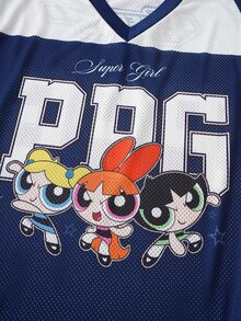 THE POWERPUFF GIRLS X SHEIN Women's Casual Letter & Cartoon Print Versatile Daily Wear T-Shirt - Navy Blue - View 5