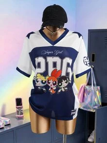 THE POWERPUFF GIRLS X SHEIN Women's Casual Letter & Cartoon Print Versatile Daily Wear T-Shirt - Navy Blue - View 3