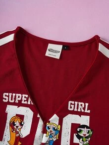 THE POWERPUFF GIRLS X SHEIN Women's Letter Print V-Neck Short Sleeve T-Shirt Holiday School Dark Red Summer Y2k - Red - View 5