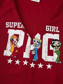 THE POWERPUFF GIRLS X SHEIN Women's Letter Print V-Neck Short Sleeve T-Shirt Holiday School Dark Red Summer Y2k - Red - View 4