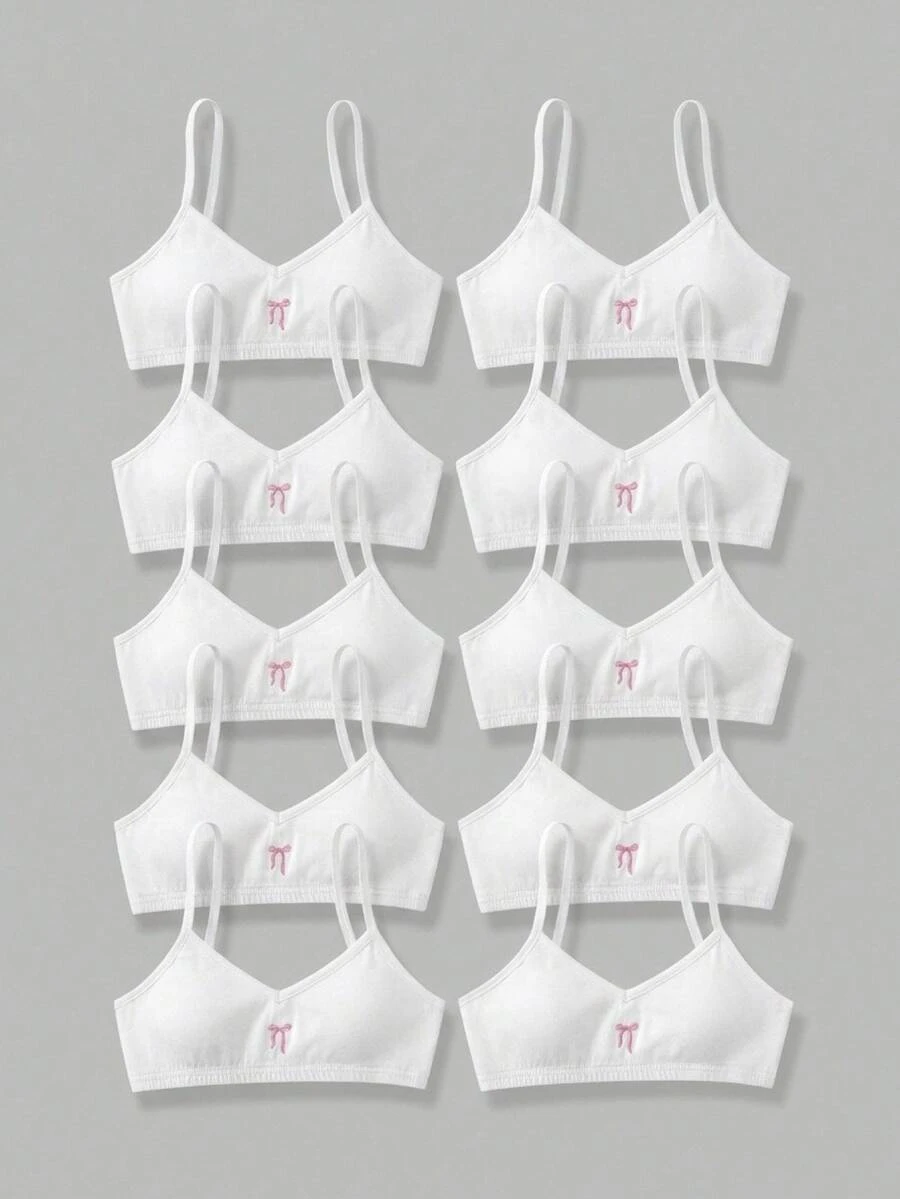 SHEIN Girlism Tween女孩兒童款簡約休閒方領細肩帶內衣,附胸墊杯,親膚舒適蝴蝶結刺繡內褲,學生內衣,1件白色,四季適用 - 白色 - 查看 1