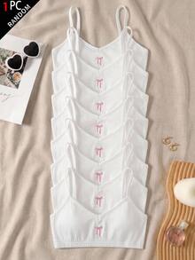 SHEIN Girlism Tween女孩兒童款簡約休閒方領細肩帶內衣，附胸墊杯，親膚舒適蝴蝶結刺繡內褲，學生內衣，1件白色，四季適用 - 白色 - 查看 6