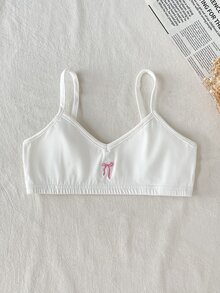 SHEIN Girlism Tween女孩兒童款簡約休閒方領細肩帶內衣，附胸墊杯，親膚舒適蝴蝶結刺繡內褲，學生內衣，1件白色，四季適用 - 白色 - 查看 5