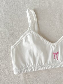 SHEIN Girlism Tween女孩兒童款簡約休閒方領細肩帶內衣，附胸墊杯，親膚舒適蝴蝶結刺繡內褲，學生內衣，1件白色，四季適用 - 白色 - 查看 4