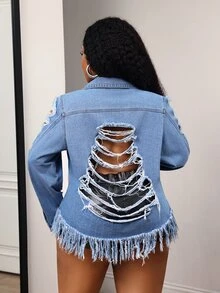 Slaydiva Plus Size Fashion Single-Breasted Distressed Fringe Denim Jacket Going Out Concert Navy Blue Autumn Grunge Goth - Blue - View 2