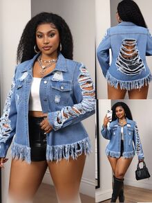 Slaydiva Plus Size Fashion Single-Breasted Distressed Fringe Denim Jacket Going Out Concert Navy Blue Autumn Grunge Goth - Blue - View 1