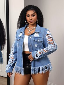 Slaydiva Plus Size Fashion Single-Breasted Distressed Fringe Denim Jacket Going Out Concert Navy Blue Autumn Grunge Goth - Blue - View 3