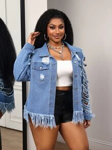 Slaydiva Plus Size Fashion Single-Breasted Distressed Fringe Denim Jacket Going Out Concert Navy Blue Autumn Grunge Goth - Blue - View 5
