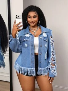 Slaydiva Plus Size Fashion Single-Breasted Distressed Fringe Denim Jacket Going Out Concert Navy Blue Autumn Grunge Goth - Blue - View 6