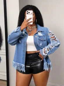 Slaydiva Plus Size Fashion Single-Breasted Distressed Fringe Denim Jacket Going Out Concert Navy Blue Autumn Grunge Goth - Blue - View 8