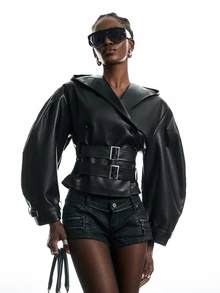 LYSMO Women's Solid Color PU Leather Long Sleeve Double-Breasted Casual Jacket Women's Halloween Costume Attractive Sexy Clothes 2000s Style - Black - View 9