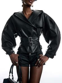 LYSMO Women's Solid Color PU Leather Long Sleeve Double-Breasted Casual Jacket Women's Halloween Costume Attractive Sexy Clothes 2000s Style - Black - View 3