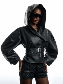LYSMO Women's Solid Color PU Leather Long Sleeve Double-Breasted Casual Jacket Women's Halloween Costume Attractive Sexy Clothes 2000s Style - Black - View 6