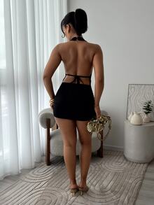 leahseptember Black Plunging Neck Tied Back Open Back Sleeveless Bodycon Mini Dress - Black - View 2