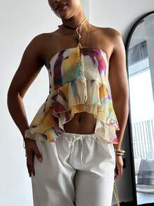 leahseptember Colorful Striped Tie Dye Pattern Ruffle Collar Backless Beaded Camisole Top,Cream,Summer,Boho,Flowy,Beach Vacation,Holiday,Holiday Resort Wear Ibiza - Multicolor - View 4