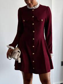 leahseptember Gaun Lengan Panjang Elegan dengan Kerah Tegak dan Kancing Depan, Warna Kontras, Warna Burgundy, Pakaian Wanita untuk Musim Gugur - Burgundy - View 5