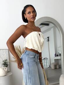 leahseptember Strapless Top New Sexy Ruched Neck Elastic Gathered Metal Buckle Decor Fitted Crop Top Fashion Holiday Vacation Women Summer Spring Street Chic - Apricot - View 6