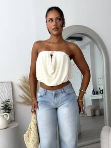 leahseptember Strapless Top New Sexy Ruched Neck Elastic Gathered Metal Buckle Decor Fitted Crop Top Fashion Holiday Vacation Women Summer Spring Street Chic - Apricot - View 4