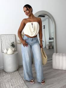 leahseptember Strapless Top New Sexy Ruched Neck Elastic Gathered Metal Buckle Decor Fitted Crop Top Fashion Holiday Vacation Women Summer Spring Street Chic - Apricot - View 5