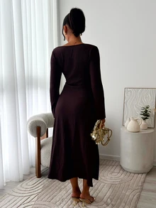 leahseptember Gaun Maxi Wanita Model Kerah Bentuk Hati, Pas Badan, Lengan Mengembang, Pinggang Rata - Kopi - View 2