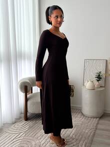 leahseptember Gaun Maxi Wanita Model Kerah Bentuk Hati, Pas Badan, Lengan Mengembang, Pinggang Rata - Kopi - View 4