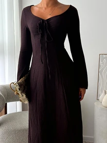 leahseptember Gaun Maxi Wanita Model Kerah Bentuk Hati, Pas Badan, Lengan Mengembang, Pinggang Rata - Kopi - View 3