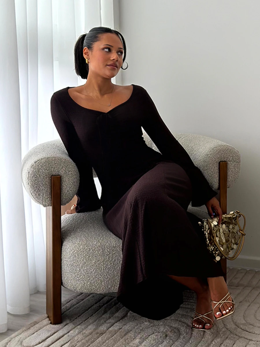 leahseptember Gaun Maxi Wanita Model Kerah Bentuk Hati, Pas Badan, Lengan Mengembang, Pinggang Rata - Kopi - View 1