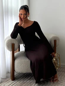 leahseptember Gaun Maxi Wanita Model Kerah Bentuk Hati, Pas Badan, Lengan Mengembang, Pinggang Rata - Kopi - View 6