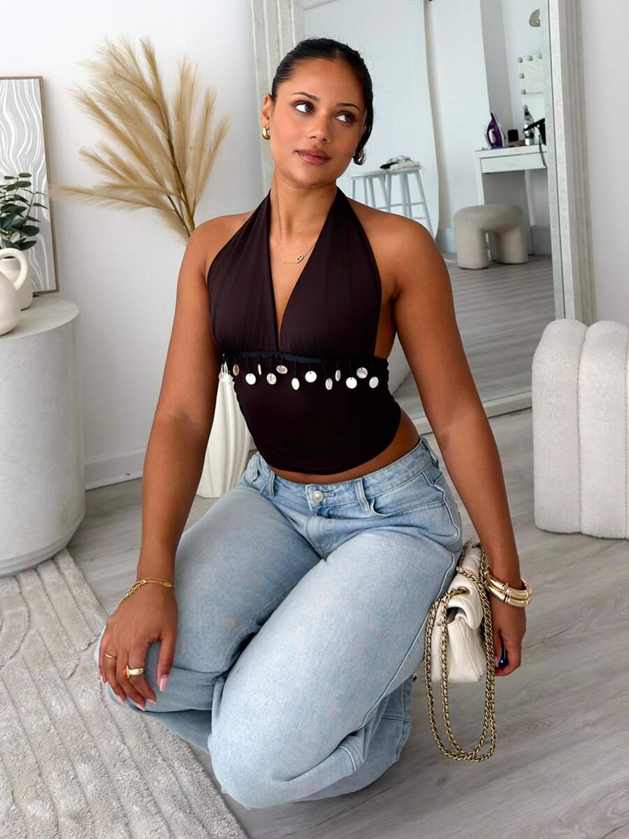 leahseptember Women's Deep V-Neck Fitted Pendant Decorated Camisole, Autumn/Winter,Summer Top - Brown - View 1
