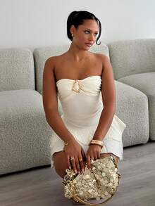 leahseptember Women's Elegant Strapless Tiered Cake Mini Dress - Apricot - View 6