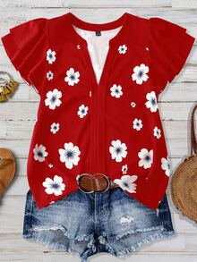 EMERY ROSE Women's Floral Print V-Neck Ruffle Short Sleeve Blouse Red Floral Floral Summer Elegant Holiday Vacation - Red - View 3