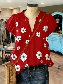 EMERY ROSE Women's Floral Print V-Neck Ruffle Short Sleeve Blouse Red Floral Floral Summer Elegant Holiday Vacation - Red - View 4