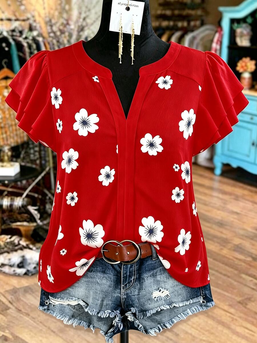 EMERY ROSE Women's Floral Print V-Neck Ruffle Short Sleeve Blouse Red Floral Floral Summer Elegant Holiday Vacation - Red - View 1