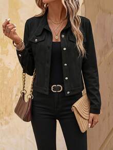 EMERY ROSE Women Solid Color Long Sleeve Single-Breasted Casual Jacket, Autumn Fall Winter Cloth For Women - Black - View 1