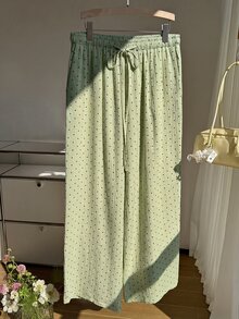 GalTyme Plus Size Sage Green Print Knotted Casual Loose Pants Vacation Autumn Boho Fall Vacation Office - Green - View 6