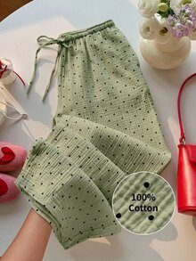 GalTyme Plus Size Sage Green Print Knotted Casual Loose Pants Vacation Autumn Boho Fall Vacation Office - Green - View 7