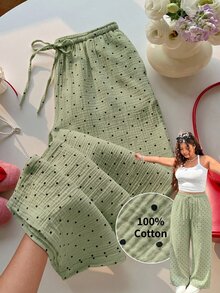 GalTyme Plus Size Sage Green Print Knotted Casual Loose Pants Vacation Autumn Boho Fall Vacation Office - Green - View 11