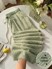 GalTyme Plus Size Sage Green Print Knotted Casual Loose Pants Vacation Autumn Boho Fall Vacation Office - Green - View 9