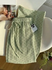 GalTyme Plus Size Sage Green Print Knotted Casual Loose Pants Vacation Autumn Boho Fall Vacation Office - Green - View 10