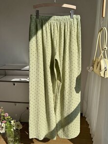 GalTyme Plus Size Sage Green Print Knotted Casual Loose Pants Vacation Autumn Boho Fall Vacation Office - Green - View 13