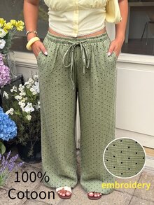 GalTyme Plus Size Sage Green Print Knotted Casual Loose Pants Vacation Autumn Boho Fall Vacation Office - Green - View 1