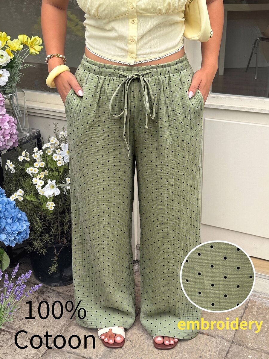GalTyme Plus Size Sage Green Print Knotted Casual Loose Pants Vacation Autumn Boho Fall Vacation Office - Green - View 1