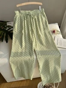 GalTyme Plus Size Sage Green Print Knotted Casual Loose Pants Vacation Autumn Boho Fall Vacation Office - Green - View 4