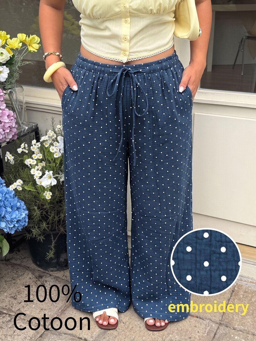 GalTyme Plus Size Women's Waist Tie Polka Dot Pattern Wide Leg Pants Fall