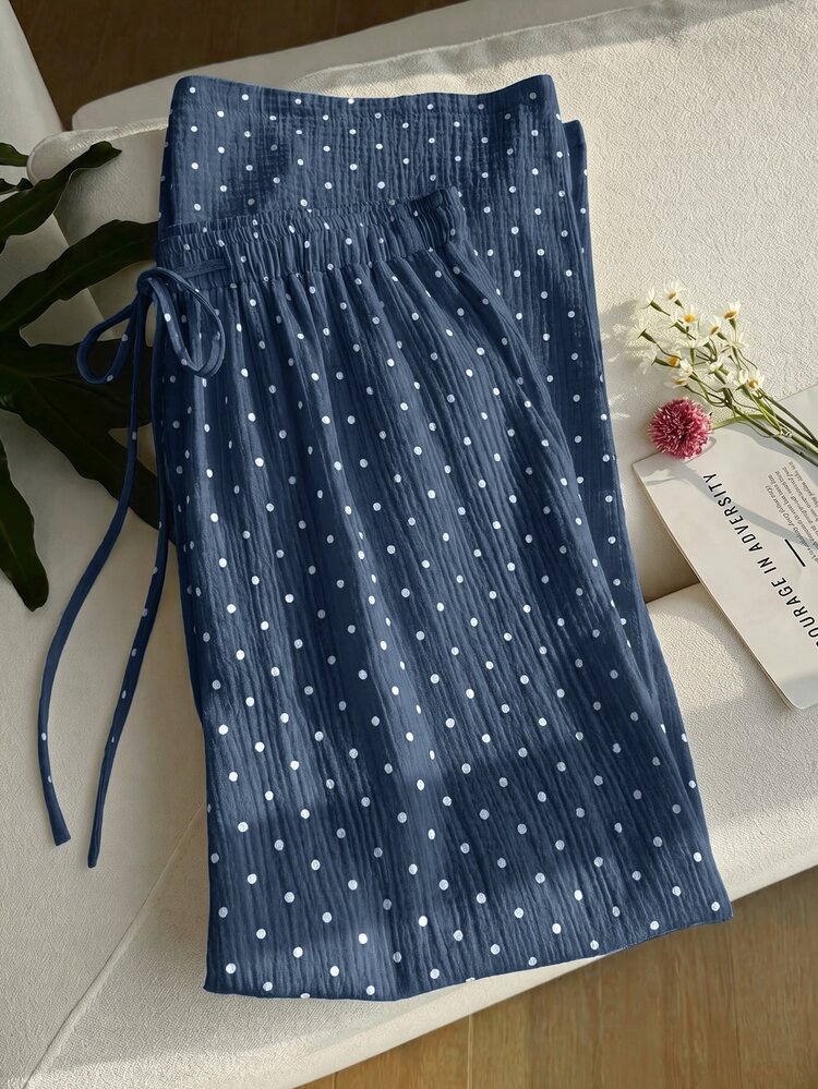 GalTyme Plus Size Women's Waist Tie Polka Dot Pattern Wide Leg Pants Fall - Navy Blue - View 7