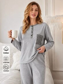 SHEIN Women Leopard Detailed Henley Two Pieces Set, Pajama Set - Grey - View 7