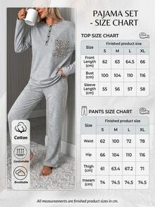 SHEIN Women Leopard Detailed Henley Two Pieces Set, Pajama Set - Grey - View 8