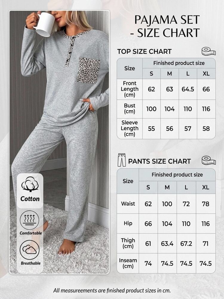 SHEIN Women Leopard Detailed Henley Two Pieces Set, Pajama Set - Grey - View 8