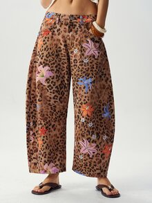 Bohemela 女款休閒 1960 年代復古街頭風百搭日常旅行長褲，附口袋、鈕扣，豹紋與花卉圖案，米色，秋季 - 棕色 - 查看 4