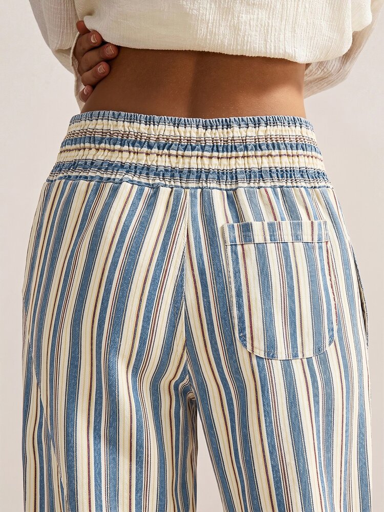 Bohemela Women's Vacation Casual Striped Long Pants - Blue - View 7